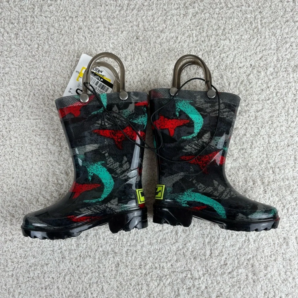 Western Chief Boots Toddler Boys 5 Black Multi Deep Water Light‎ Up Rain Boots